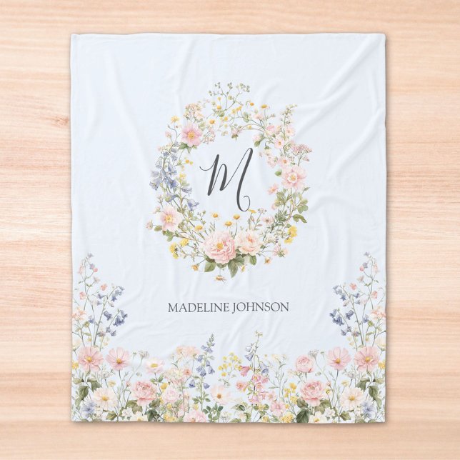 Couverture Polaire Fleurs Florales Rose Bleu Aquarelle Monogramme  (Close up)