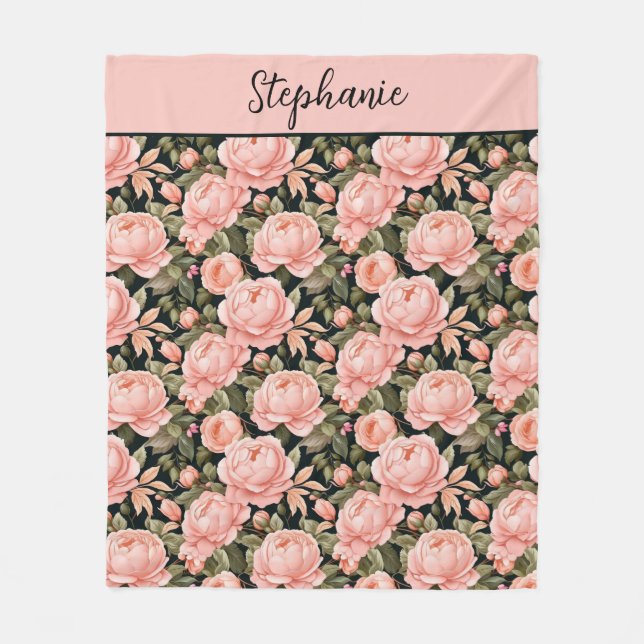 Couverture Polaire Fleurs Florales Rose Pêche avec Monogramme  (Devant)