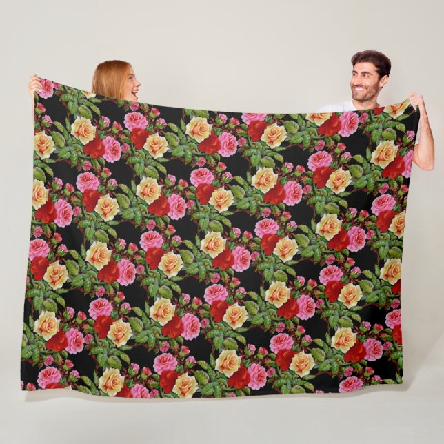 Couverture Polaire Fleurs florales Roses rouge rose jaune vert (En situation)