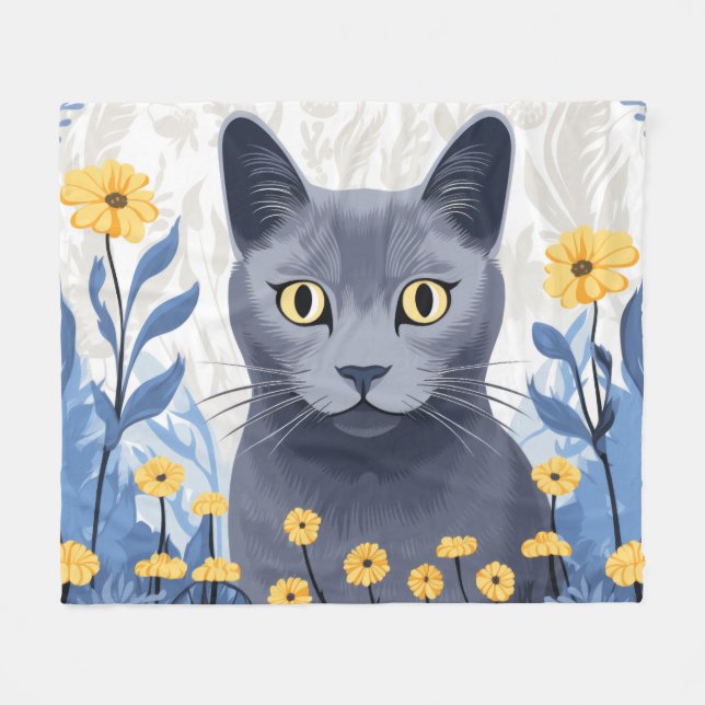 Couverture Polaire Fleurs Jaunes Chat Bleu Russe (Devant (Horizontal))