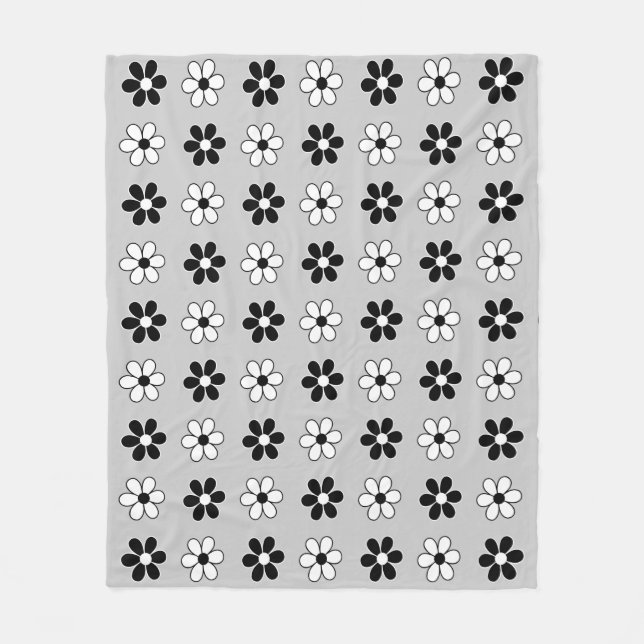 Couverture Polaire Fleurs noires et blanches modernes sur gris argent (Devant)