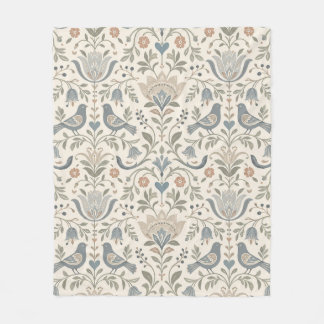 Couverture Polaire Fleurs Nordiques et Oiseaux Couleurs Douces Scandi