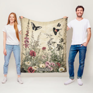 Couverture Polaire Fleurs, oiseaux et papillons sur papier vieilli (2