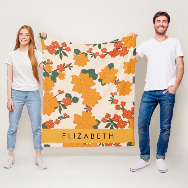 Couverture Polaire Fleurs Oranges, Motif De Fleurs, Votre Nom (En situation)