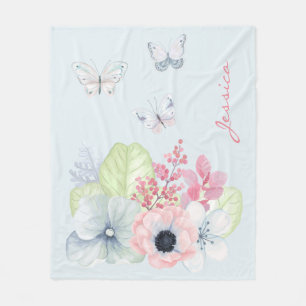 Couverture Polaire Fleurs Pastel et papillons Blanche polaire