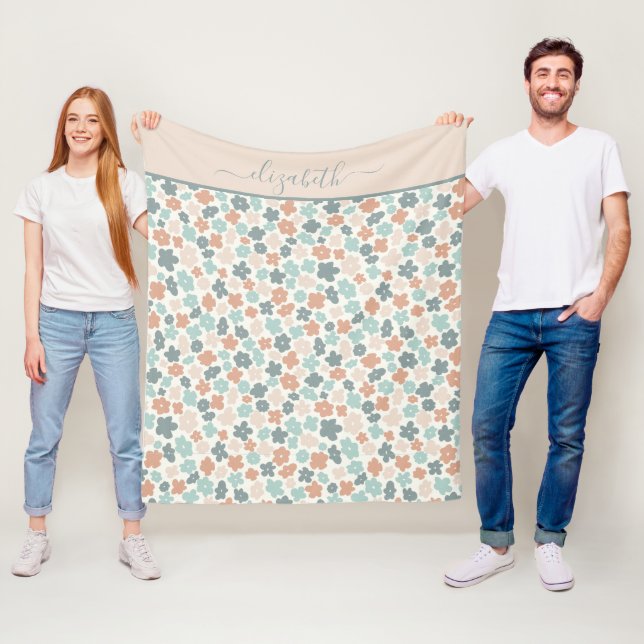 Couverture Polaire Fleurs personnalisées Boho vert pêche rose  (En situation)