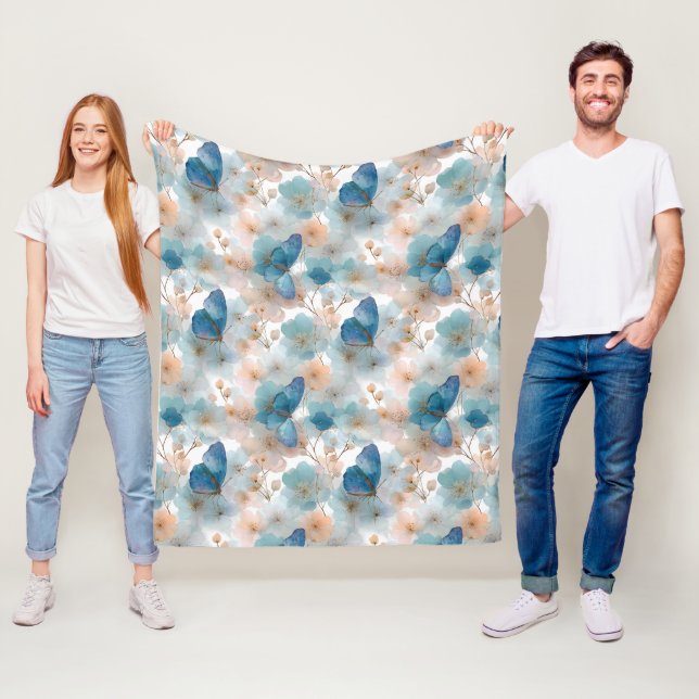 Couverture Polaire Fleurs printanières vintage & Papillon bleu (En situation)