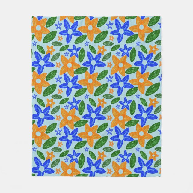 Couverture Polaire Fleurs Rétro Bleu & Orange  (Devant)