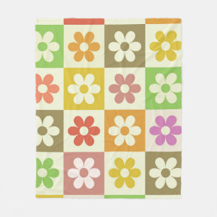 Couverture Polaire Fleurs Rétro Colorées sur Motif Damier