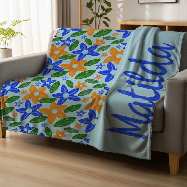 Couverture Polaire Fleurs Rétro Personnalisées Bleu & Orange  (Créateur téléchargé)