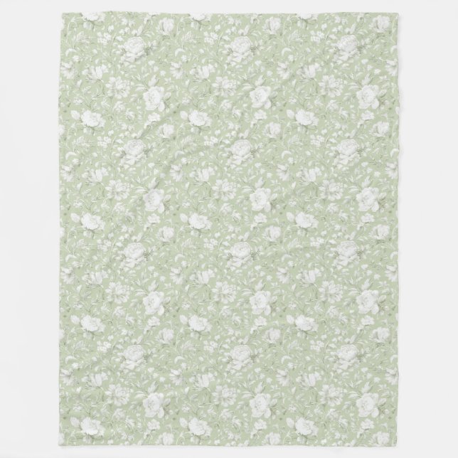 Couverture Polaire Fleurs romantiques vertes et blanches   (Devant)