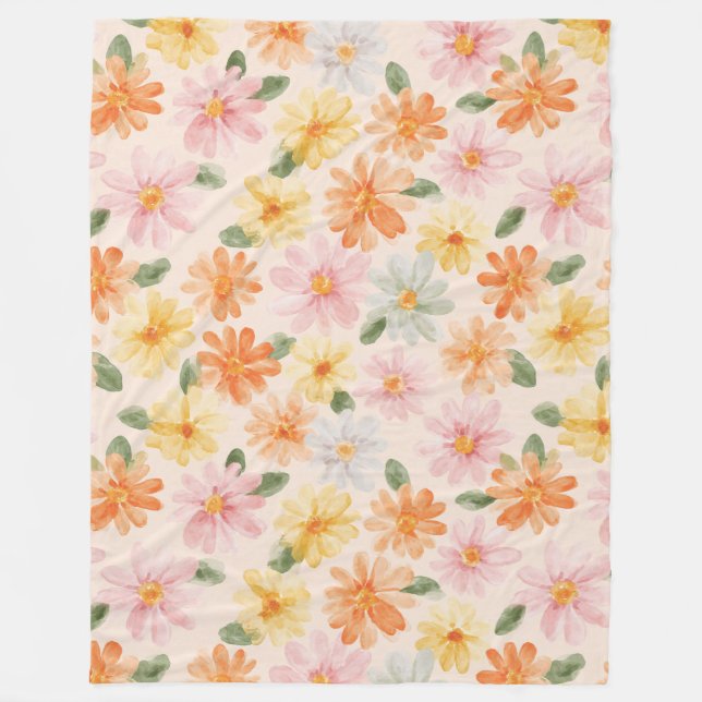 Couverture Polaire Fleurs Rose Jaune Bleu Pêche  (Devant)