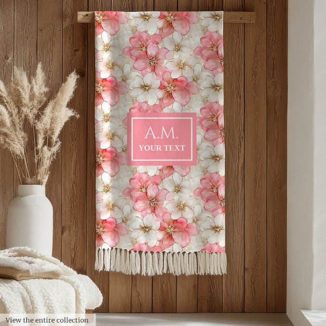 Couverture Polaire Fleurs Rose Poudre Élégant Monogramme Plaid (Powder Pink Flowers Elegant Monogram Blanket)