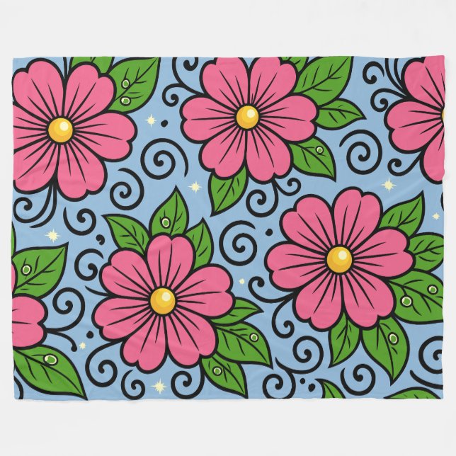 Couverture Polaire Fleurs roses avec feuilles vertes et détails courb (Devant (Horizontal))