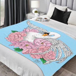 Couverture Polaire Fleurs roses cygnes blanches