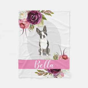 Couverture Polaire Fleurs roses d'aquarelle de Boston Terrier