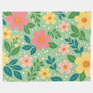 Couverture Polaire Fleurs roses et jaunes avec feuilles vertes et ble