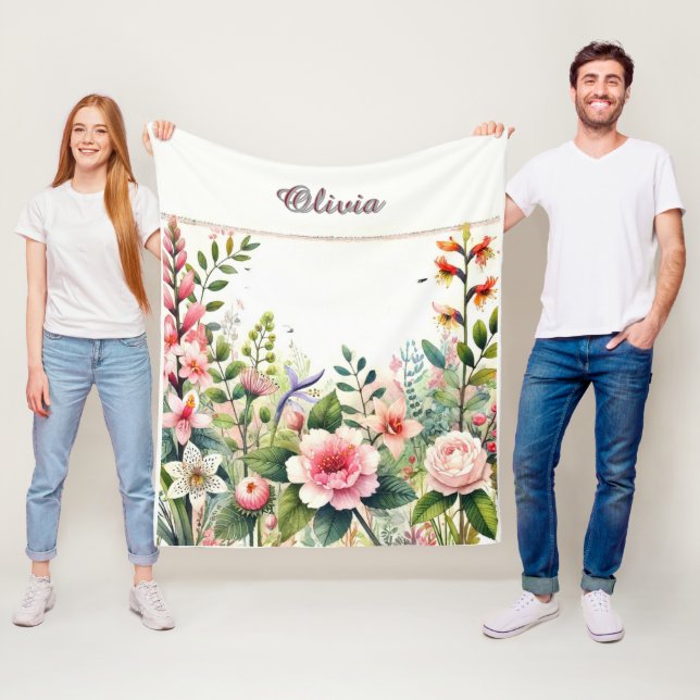 Couverture Polaire Fleurs roses et personnalisation de verdure  (En situation)