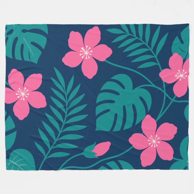 Couverture Polaire Fleurs roses tropicales et feuillage vert Design (Devant (Horizontal))