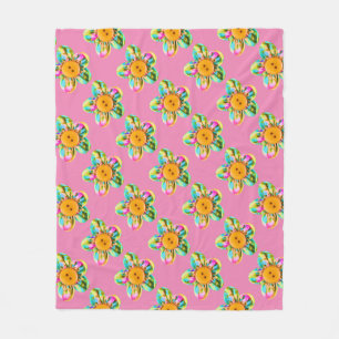 Couverture Polaire Fleurs roses, violettes, jaunes sur fond rose pâle