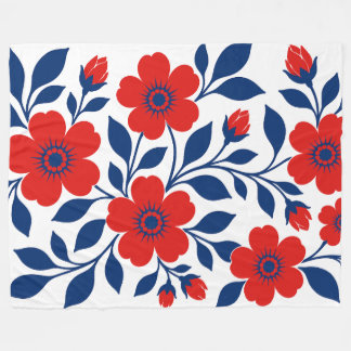 Couverture Polaire Fleurs rouges audacieuses et feuilles bleu marine