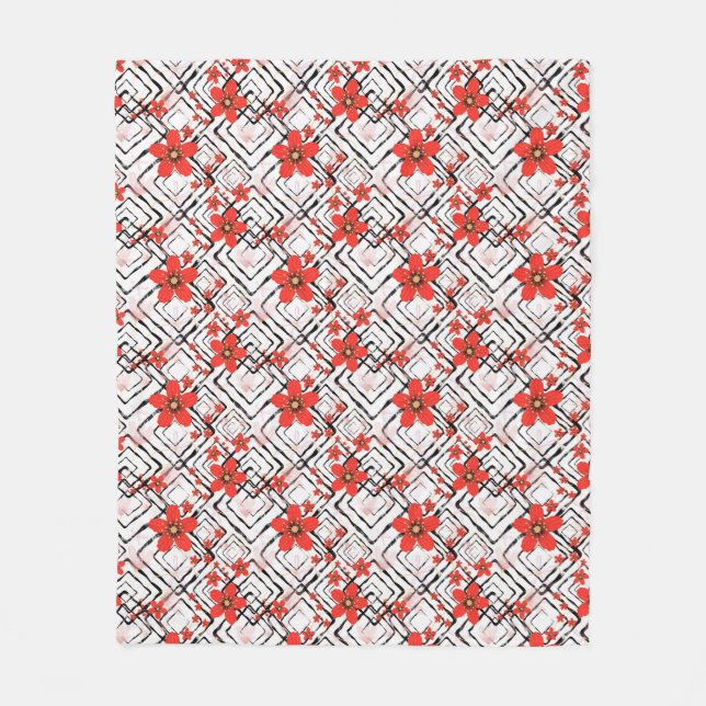 Couverture Polaire Fleurs rouges sur fond blanc et noir. (Devant)