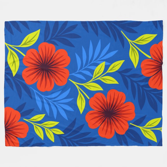 Couverture Polaire Fleurs rouges vermillon audacieuses avec des feuil (Devant (Horizontal))