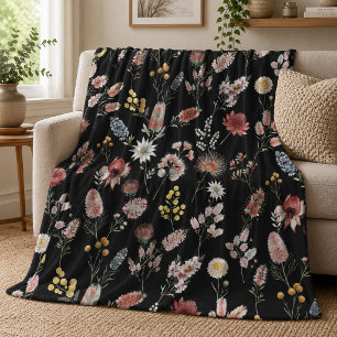 Couverture Polaire Fleurs sauvages aquarelles romantiques noires et l