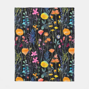 Couverture Polaire Fleurs sauvages colorées noires élégantes aquarell