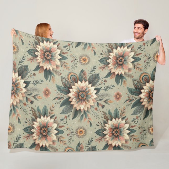 Couverture Polaire Fleurs sur un fond sauge (En situation)