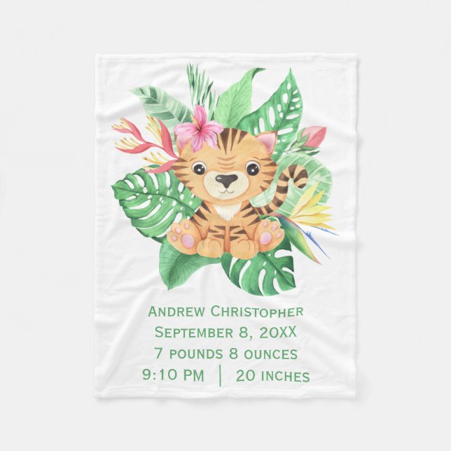 Couverture Polaire Fleurs tropicales de bébé tigre Stats de naissance (Devant)