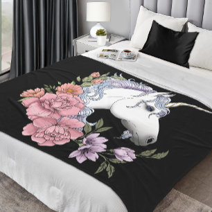 Couverture Polaire Fleurs Unicorne Blanches Rose Noir