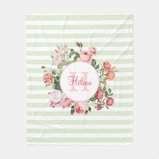 Couverture Polaire Fleurs vintages Pastel Green Stripes Monogramme (Devant)