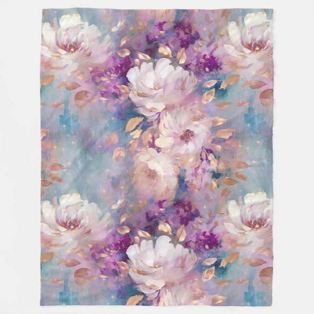 Couverture Polaire Fleurs violettes d'or bleu féminin (Devant)