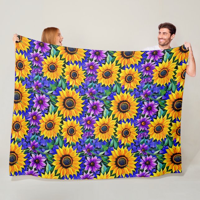 Couverture Polaire Fleurs violettes et tournesols jaunes Floral (En situation)