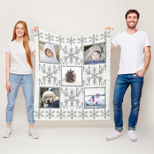 Couverture Polaire Flocon de neige argenté en option Monogramme 5 pho (En situation)