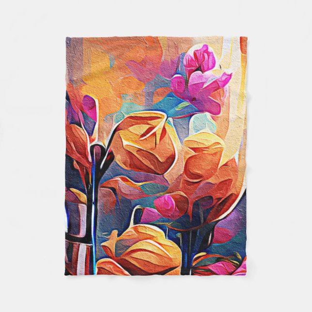 Couverture Polaire Floral Abstract Art Orange Red Blue Flowers (Devant)
