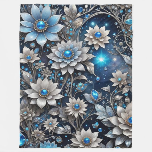 Couverture Polaire Floral argenté et bleu (Devant)