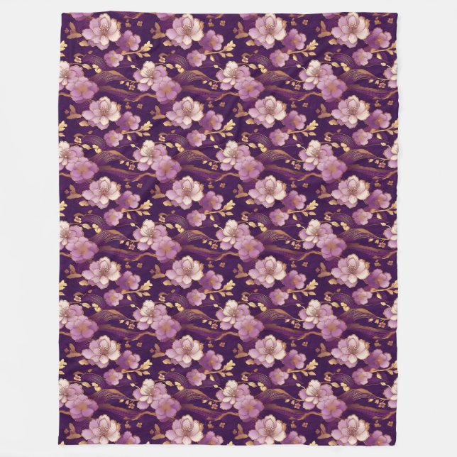 Couverture Polaire Floral asiatique d'or et de violet (Devant)