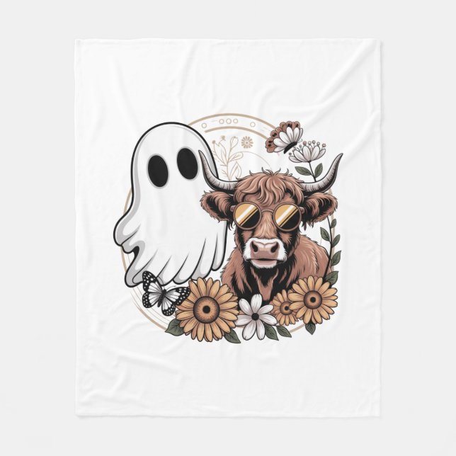 Couverture Polaire Floral Automne Highland Cow Ghost (Devant)