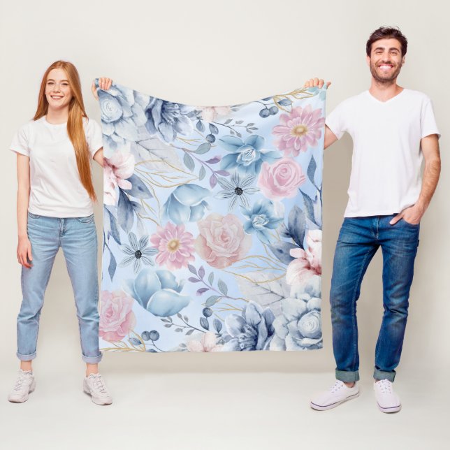 Couverture Polaire Floral Bleu Et Rose Marine (En situation)