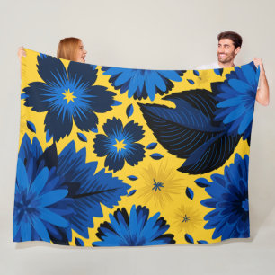 Couverture Polaire Floral bleu gras sur Arrière - plan jaune vif