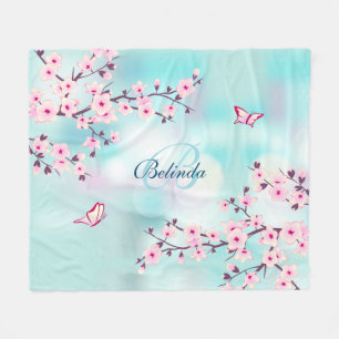 Couverture Polaire Floral Fleurs de cerise rose Turquoise Monogramme