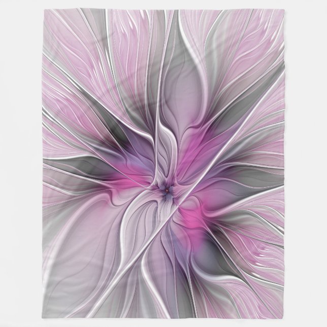 Couverture Polaire Floral Fractal moderne Fleur Abstraite rose gris (Devant)