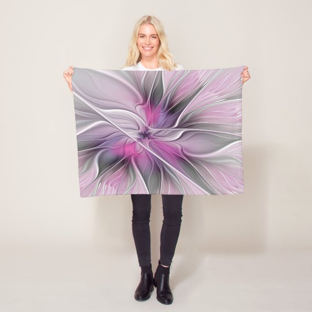 Couverture Polaire Floral Fractal moderne Fleur Abstraite rose gris (En situation)
