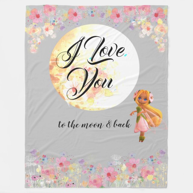Couverture Polaire Floral "I Love You to the moon & back" Aquarelle (Devant)