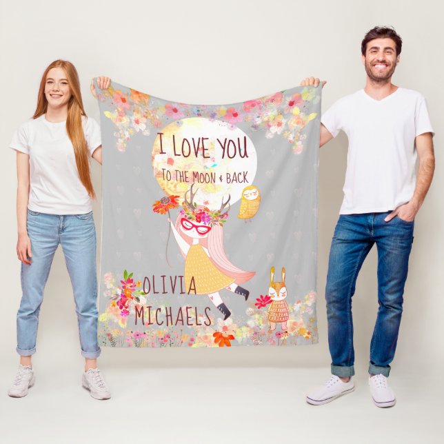 Couverture Polaire Floral "I Love You to the moon & back" Aquarelle (En situation)