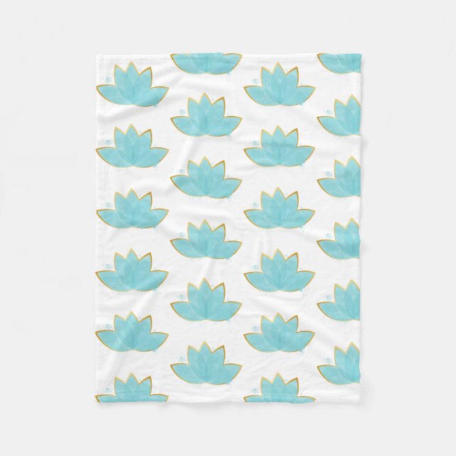 Couverture Polaire Floral Lotus Aquarelle Mer Bleu & Faux Or (Devant)
