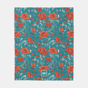 Couverture Polaire Floral, orange rouge, pavot turquoise réglage mono
