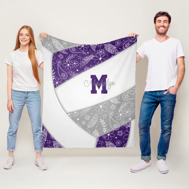 Couverture Polaire floral paisley plumes violet gris volleyball (En situation)